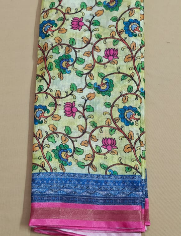 Lime Yellow Kalamkari-Inspired Floral Digital Print Saree with Contrast Zari Border with Blouse
