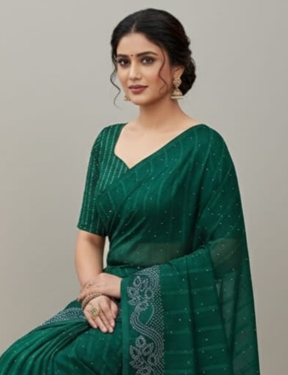 Stylish Emerald Green Saree with White Stone Work Border