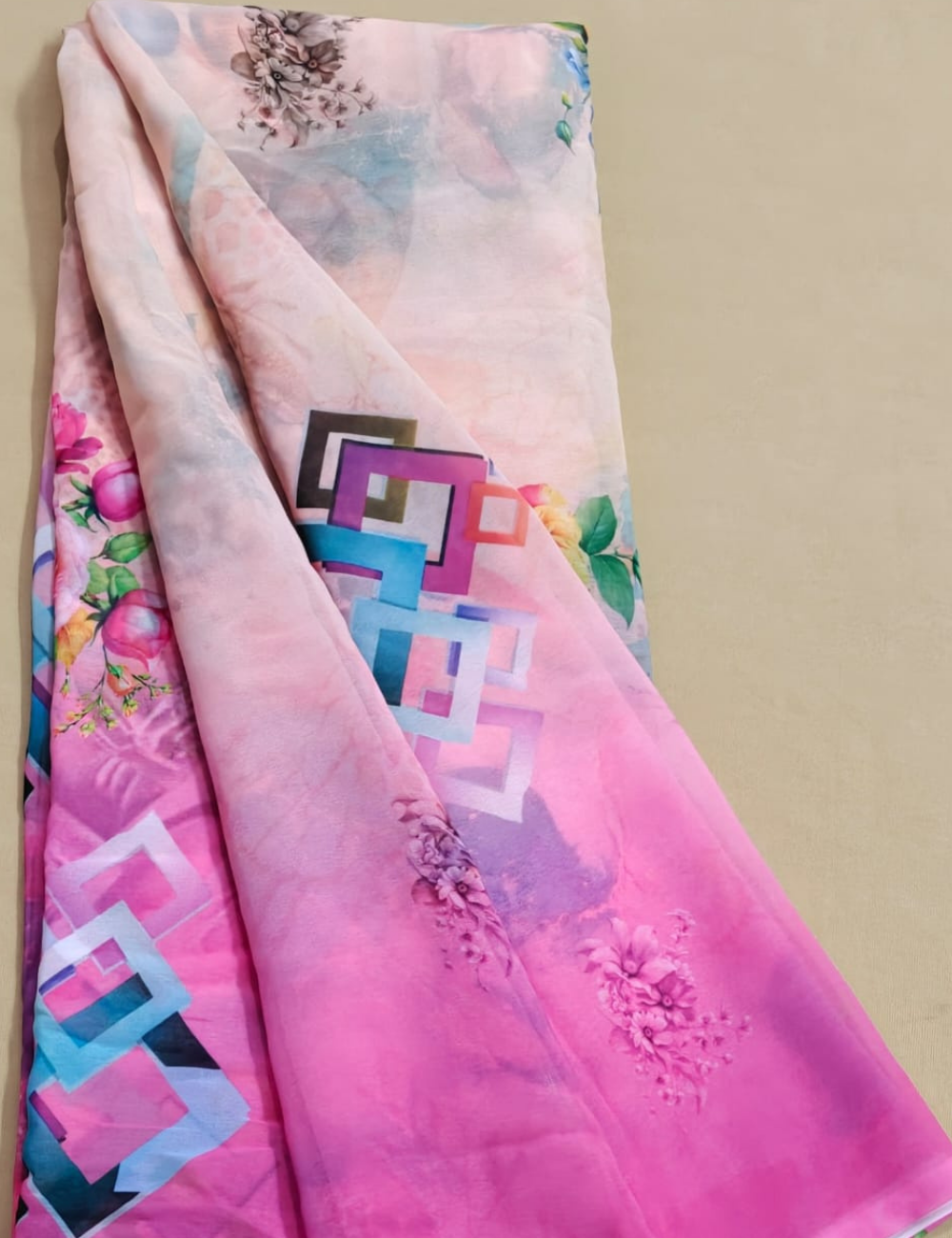 Blush & Magenta Rose Bouquet Georgette Saree with Watercolor Ombré Effect