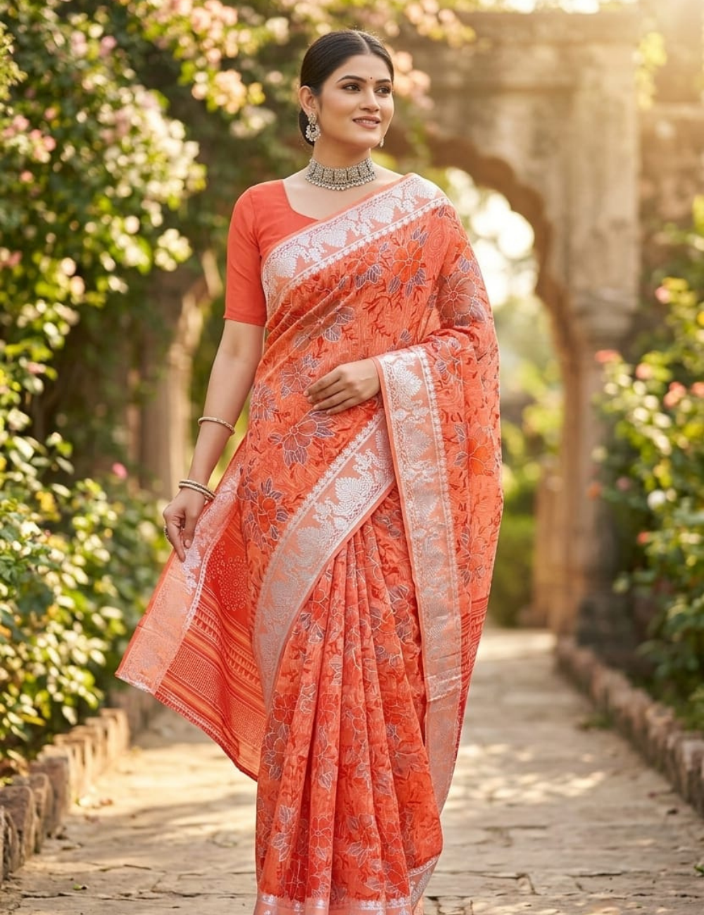 Peach and Orange Floral Print Cotton Saree