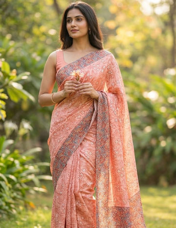 Blush Peach Floral Silk Saree with Geometric Foliage Border