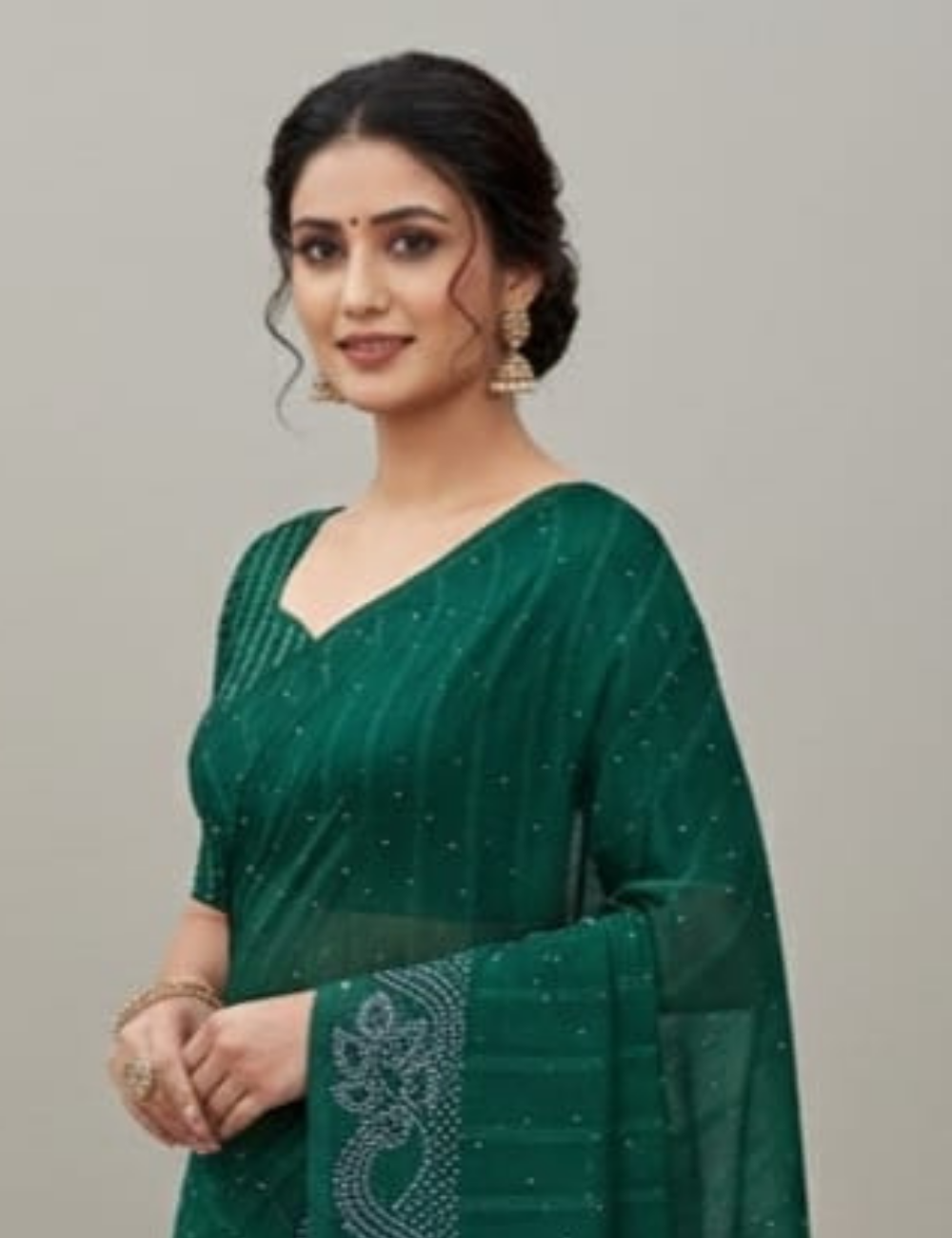 Stylish Emerald Green Saree with White Stone Work Border