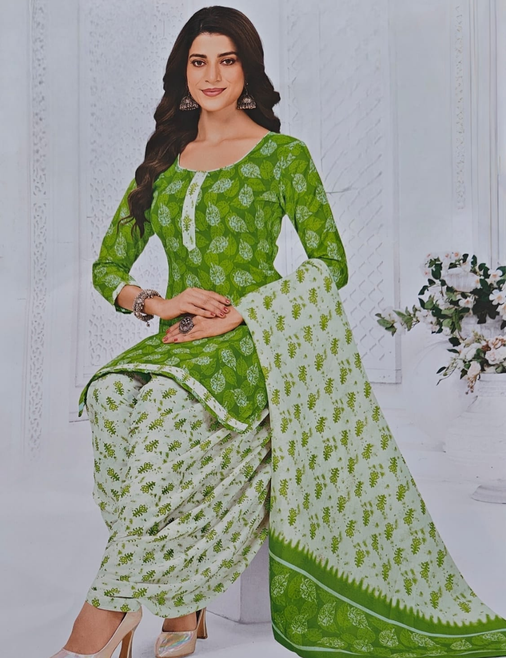 Vibrant Leaf Print Patiala Kurta Set with Dupatta
