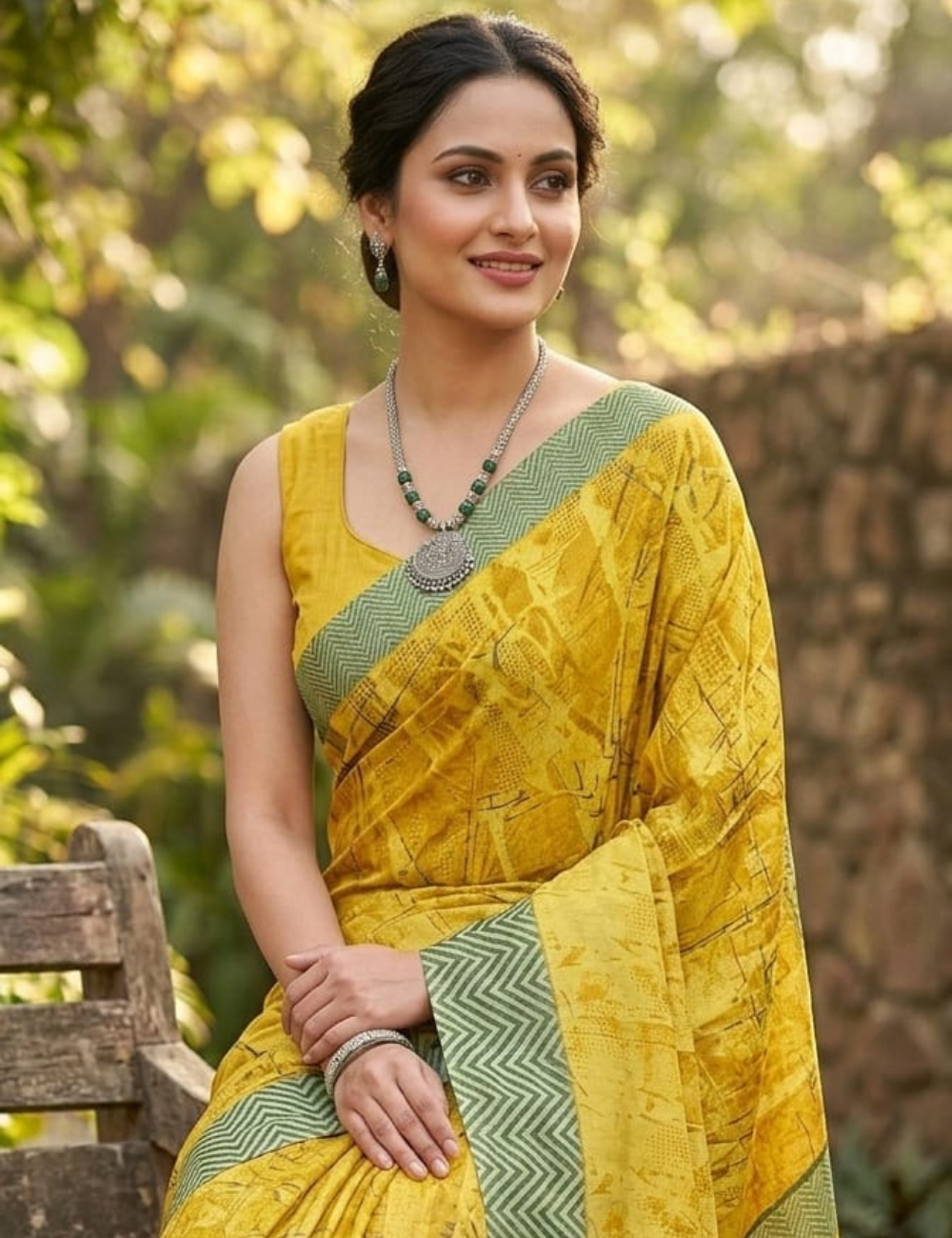 Mustard Yellow Abstract Silk Saree with Sage Green Chevron Border