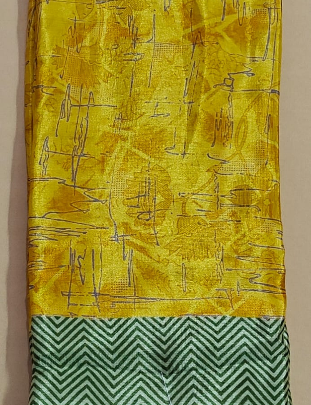 Mustard Yellow Abstract Silk Saree with Sage Green Chevron Border