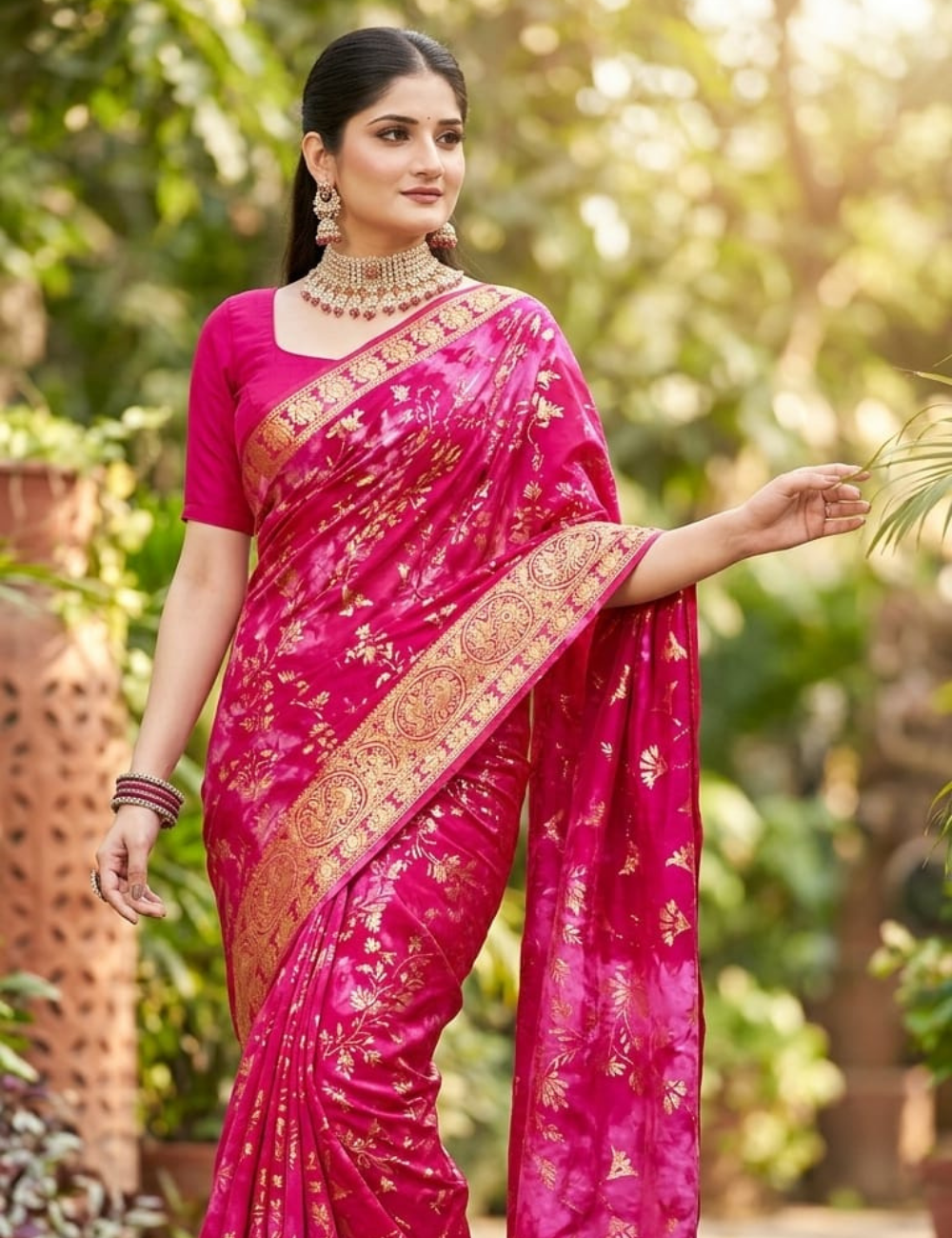 Radiant Pink Floral Zari Silk Saree