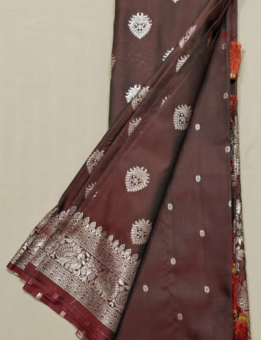 Brown and Golden Floral Woven Zari Sari