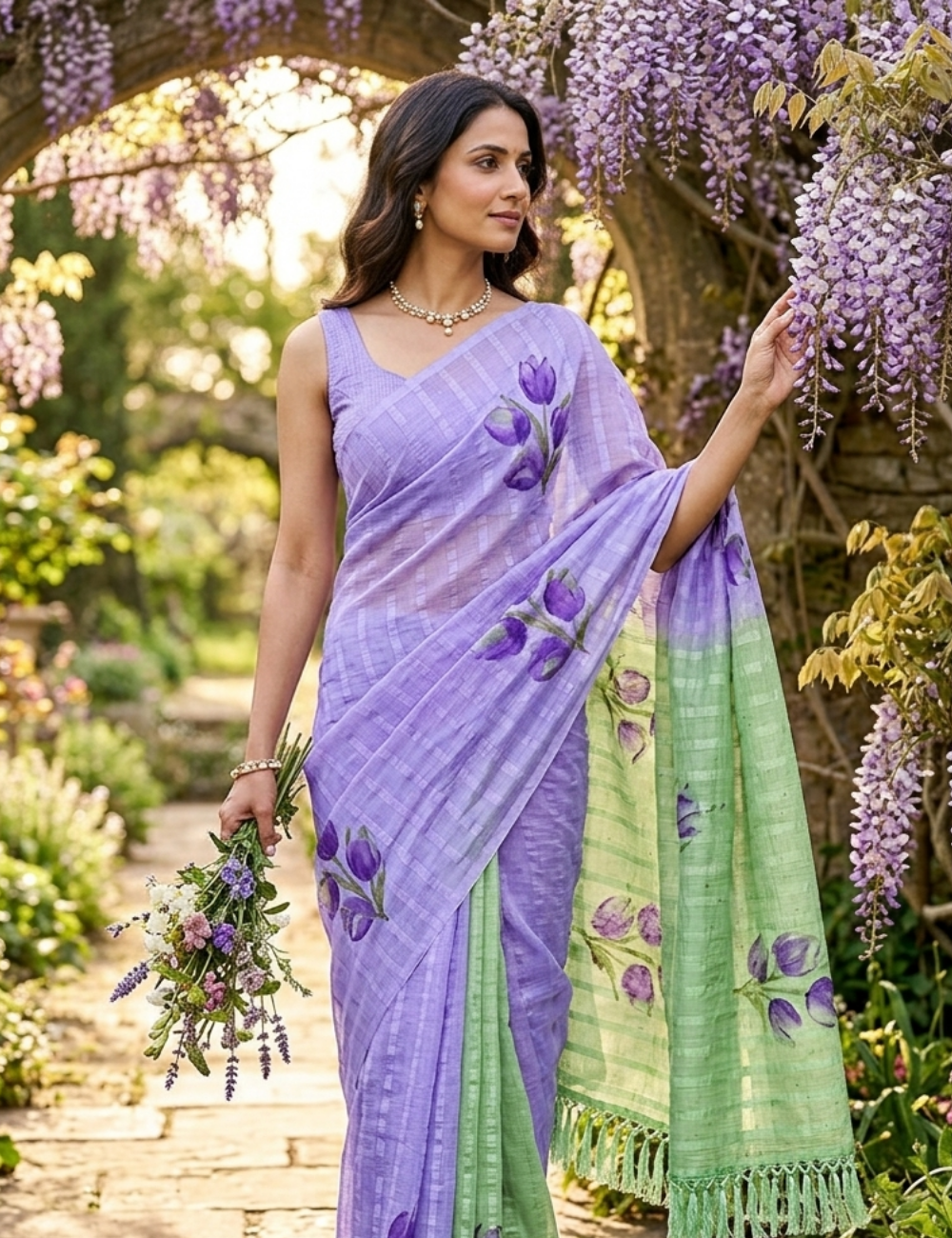 Graceful Lavender Saree with Contrast Green Floral Pallu