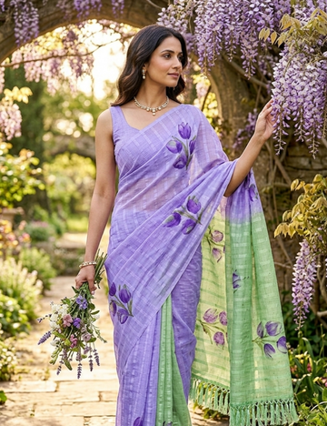 Graceful Lavender Saree with Contrast Green Floral Pallu