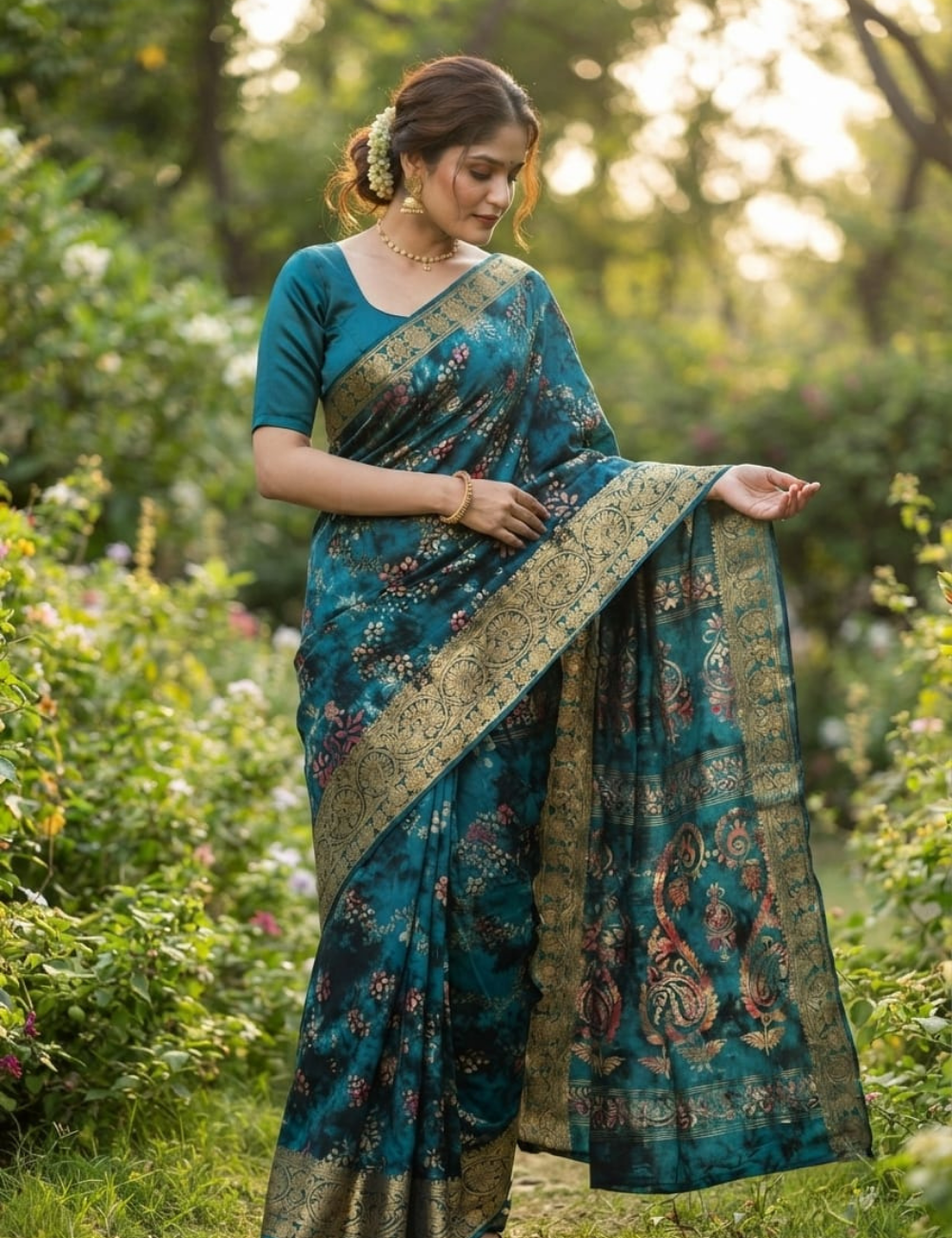 Royal Teal Printed Zari Border Saree