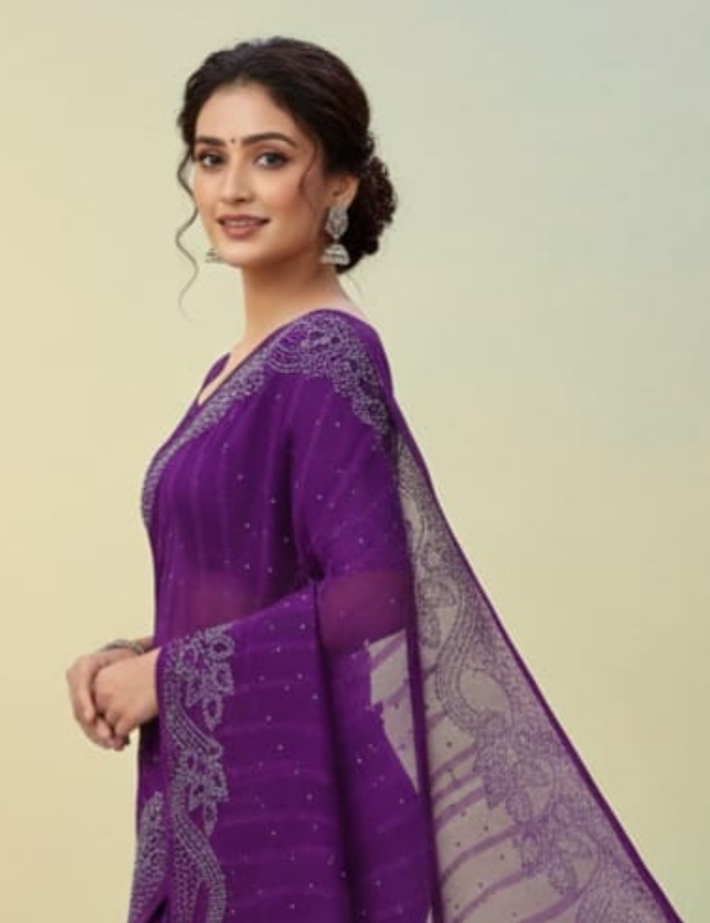 Purple Saree with White Bead Leaf Embroidery
