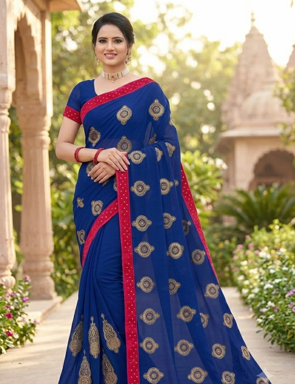 Royal Blue Saree with Pink Velvet Mirror Work Border