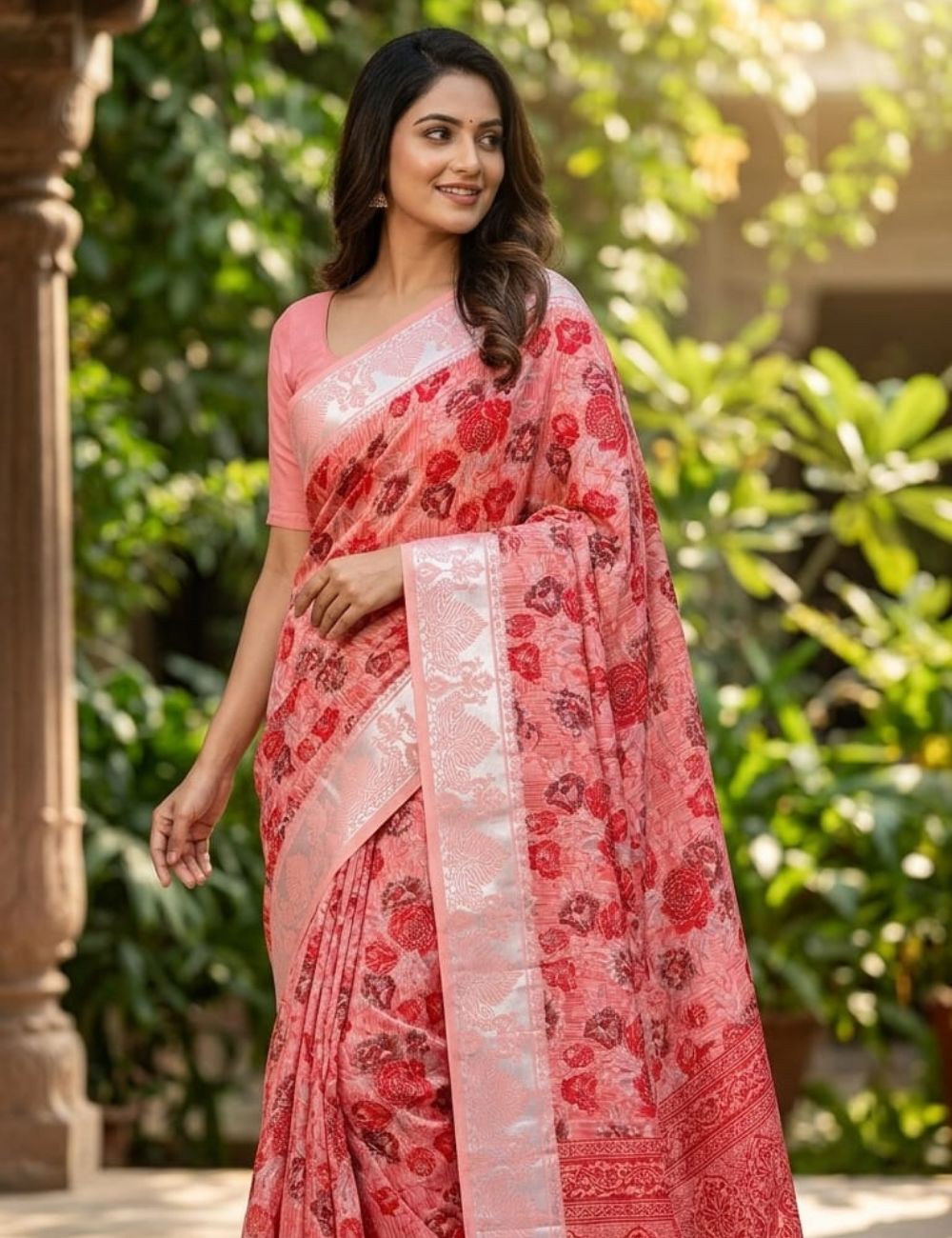 Elegant Coral Red Floral Print Cotton Saree with Silver Zari Border