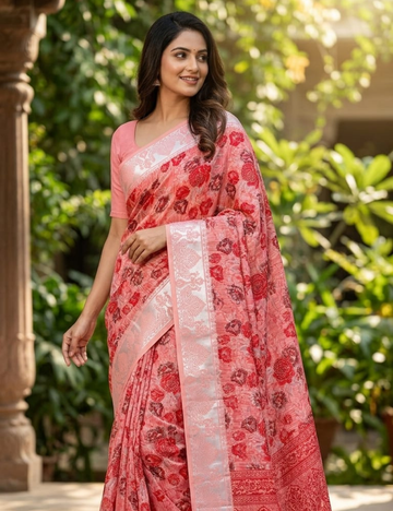 Elegant Coral Red Floral Print Cotton Saree with Silver Zari Border