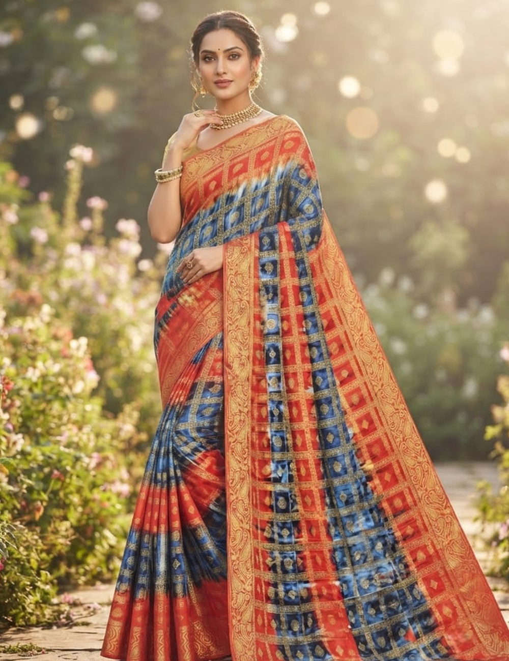 Blue and Red Multi-Tone Grid Zari Saree