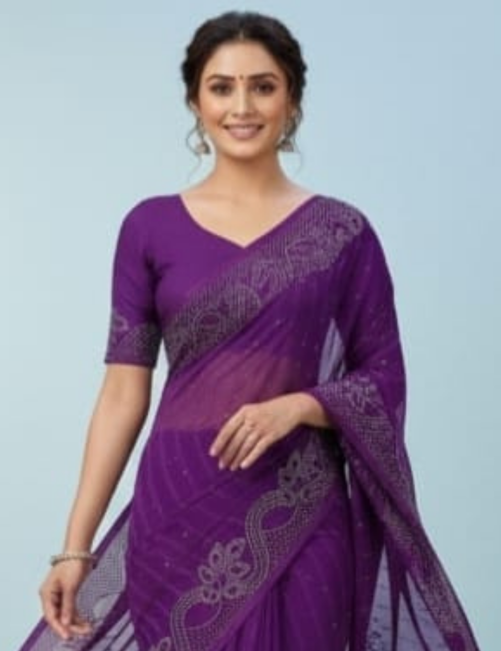 Purple Saree with White Bead Leaf Embroidery