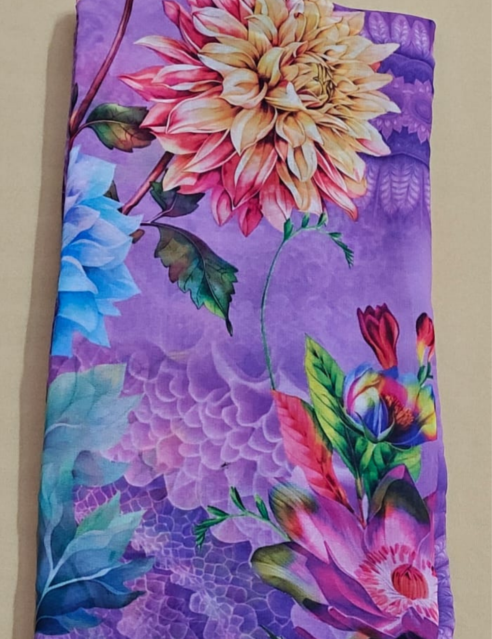Royal Purple Dahlia Botanical Georgette Saree with Vivid Floral Blooms