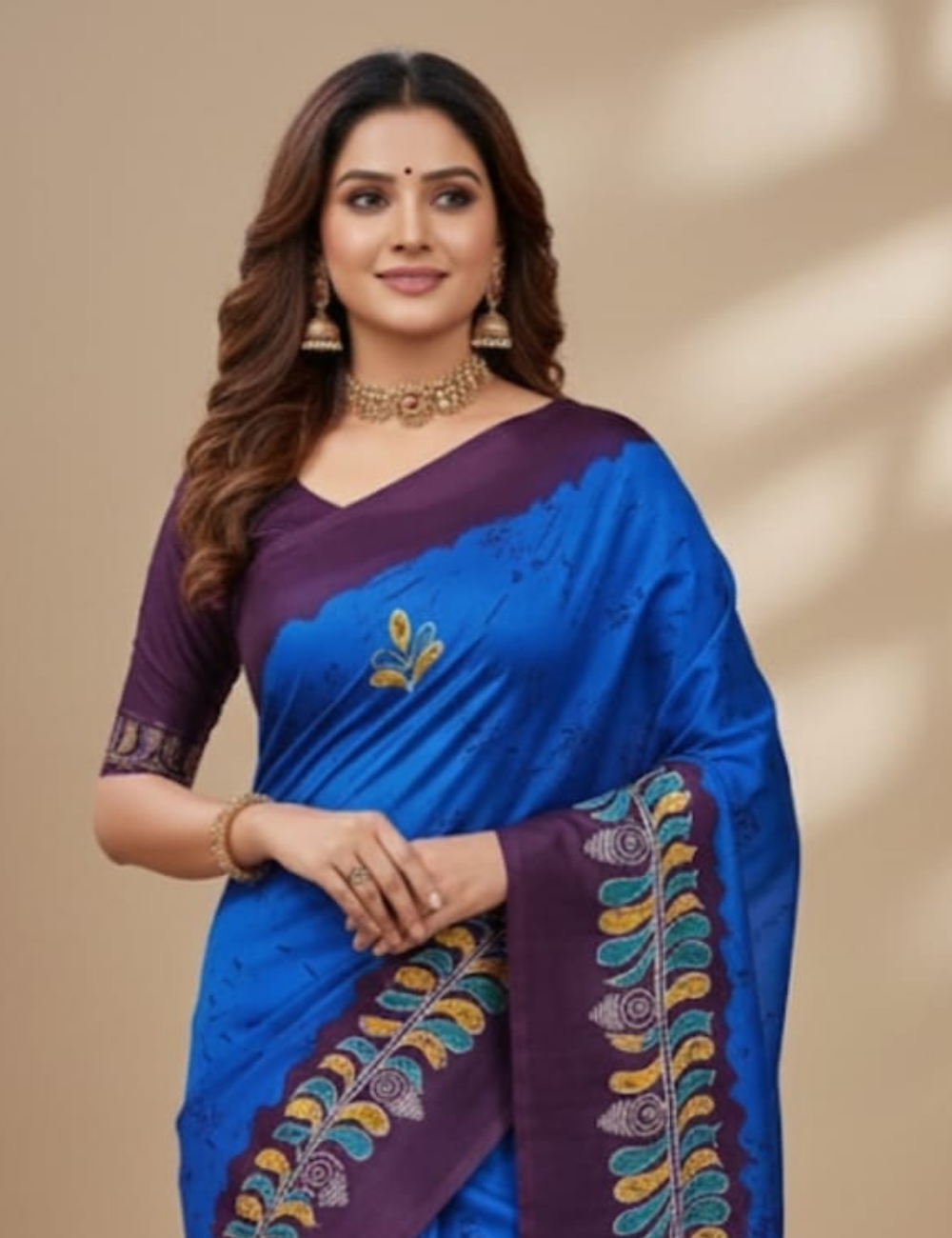 Royal Blue Saree with Artistic Purple Border Dola Silk Saree