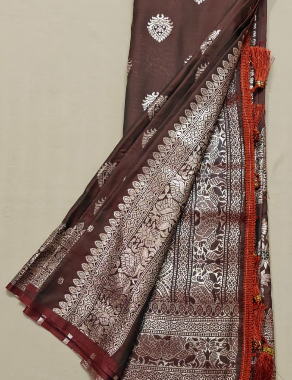 Brown and Golden Floral Woven Zari Sari