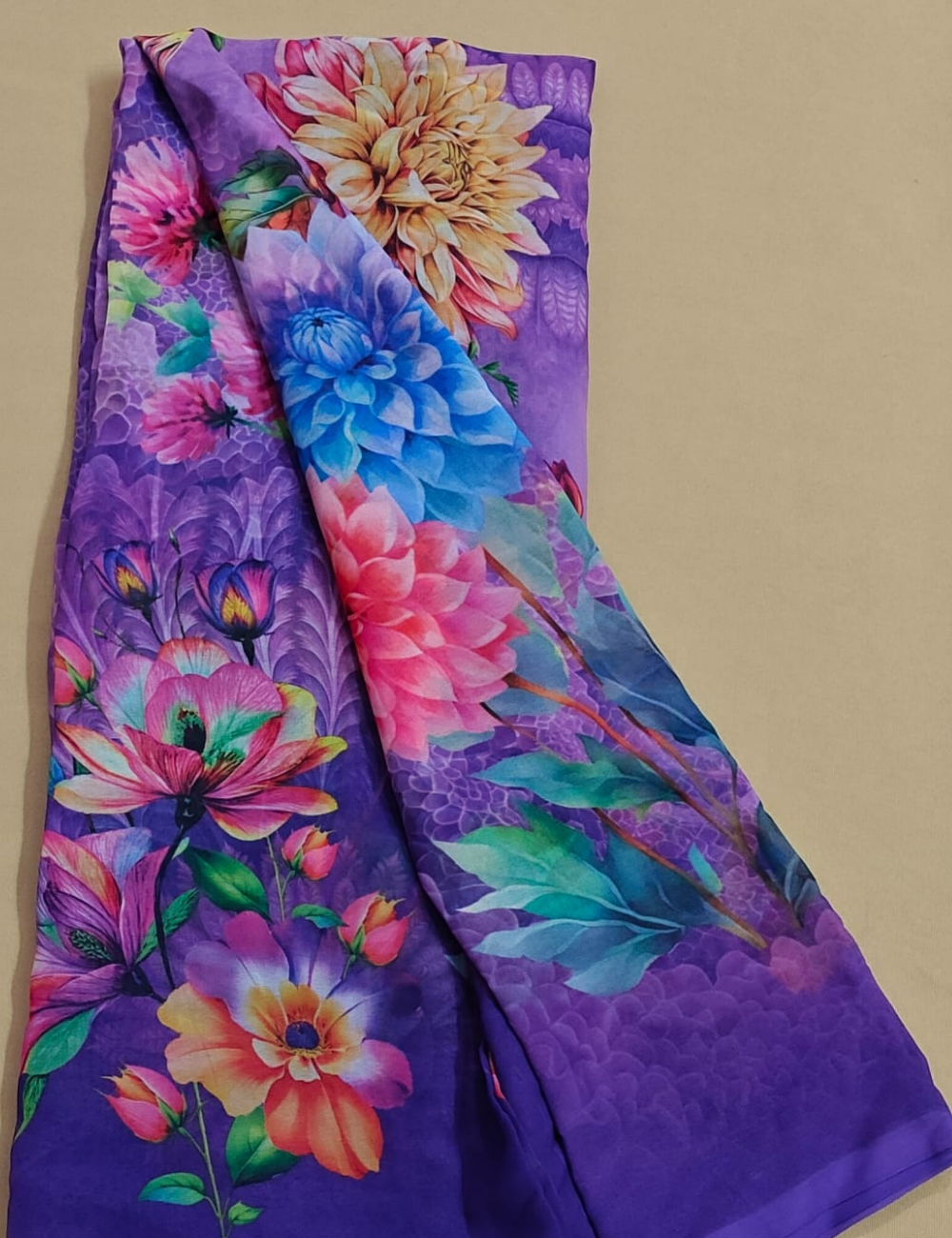 Royal Purple Dahlia Botanical Georgette Saree with Vivid Floral Blooms