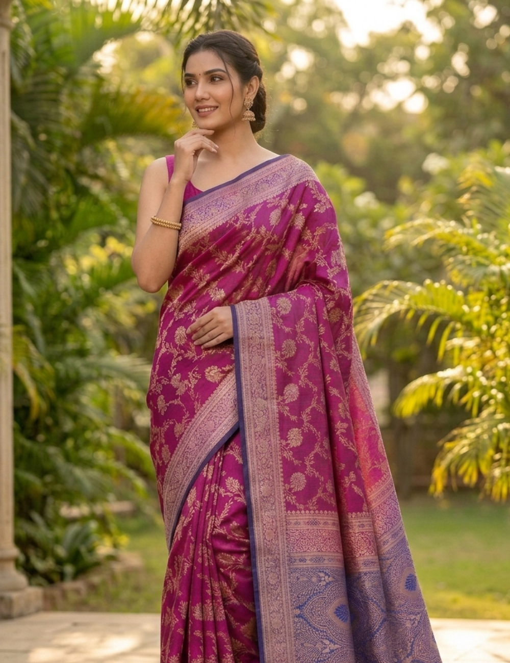 Magenta Silk Blend Saree with Antique Gold Floral Weaving & Royal Blue Contrast Border