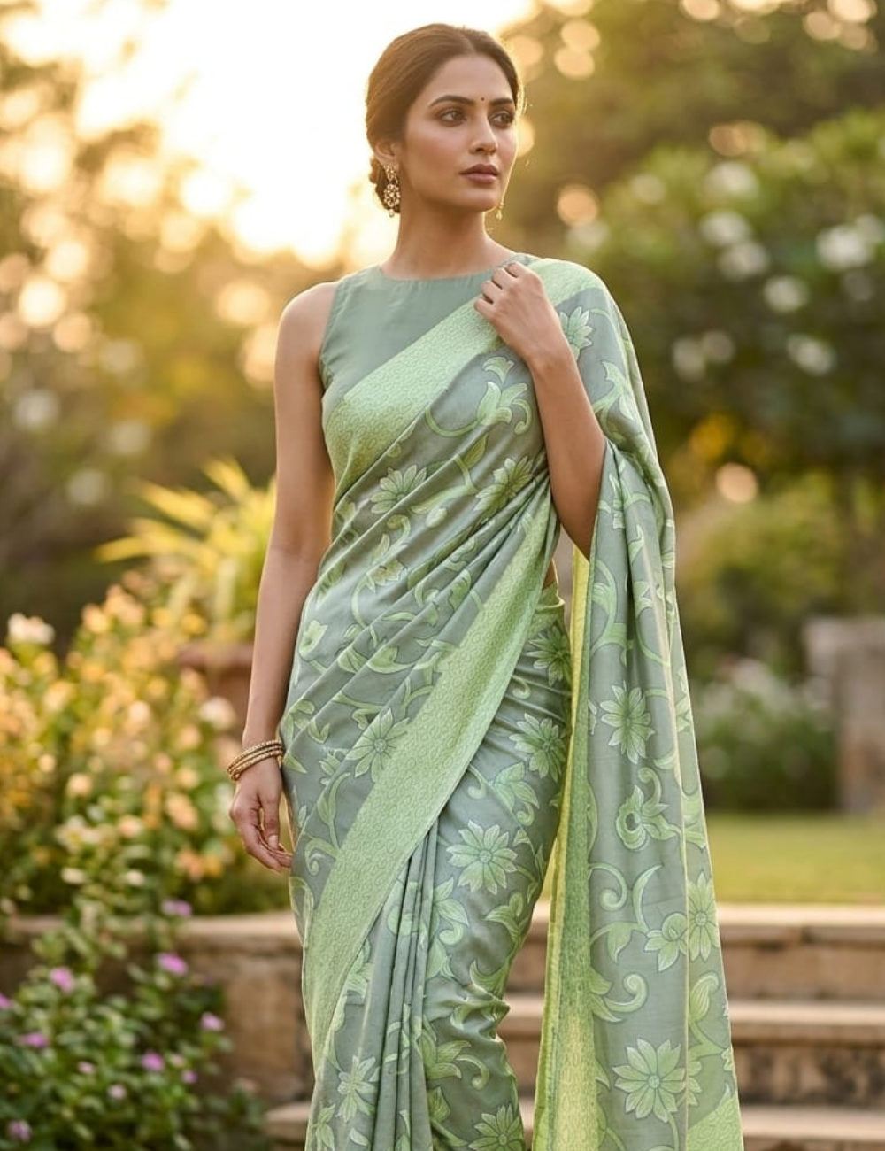 Elegant Mint Green Floral Digital Print Silk Saree