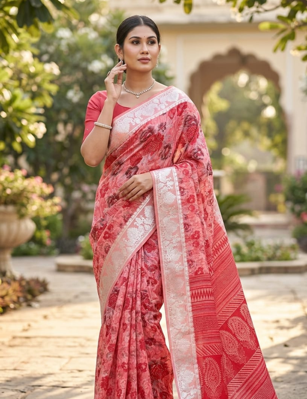 Elegant Coral Red Floral Print Cotton Saree with Silver Zari Border