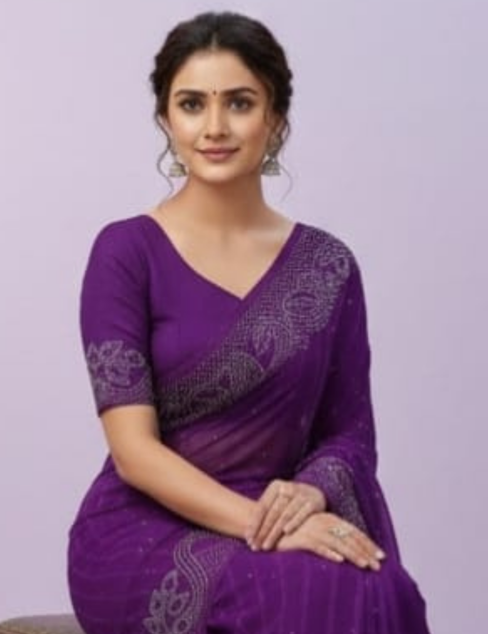 Purple Saree with White Bead Leaf Embroidery