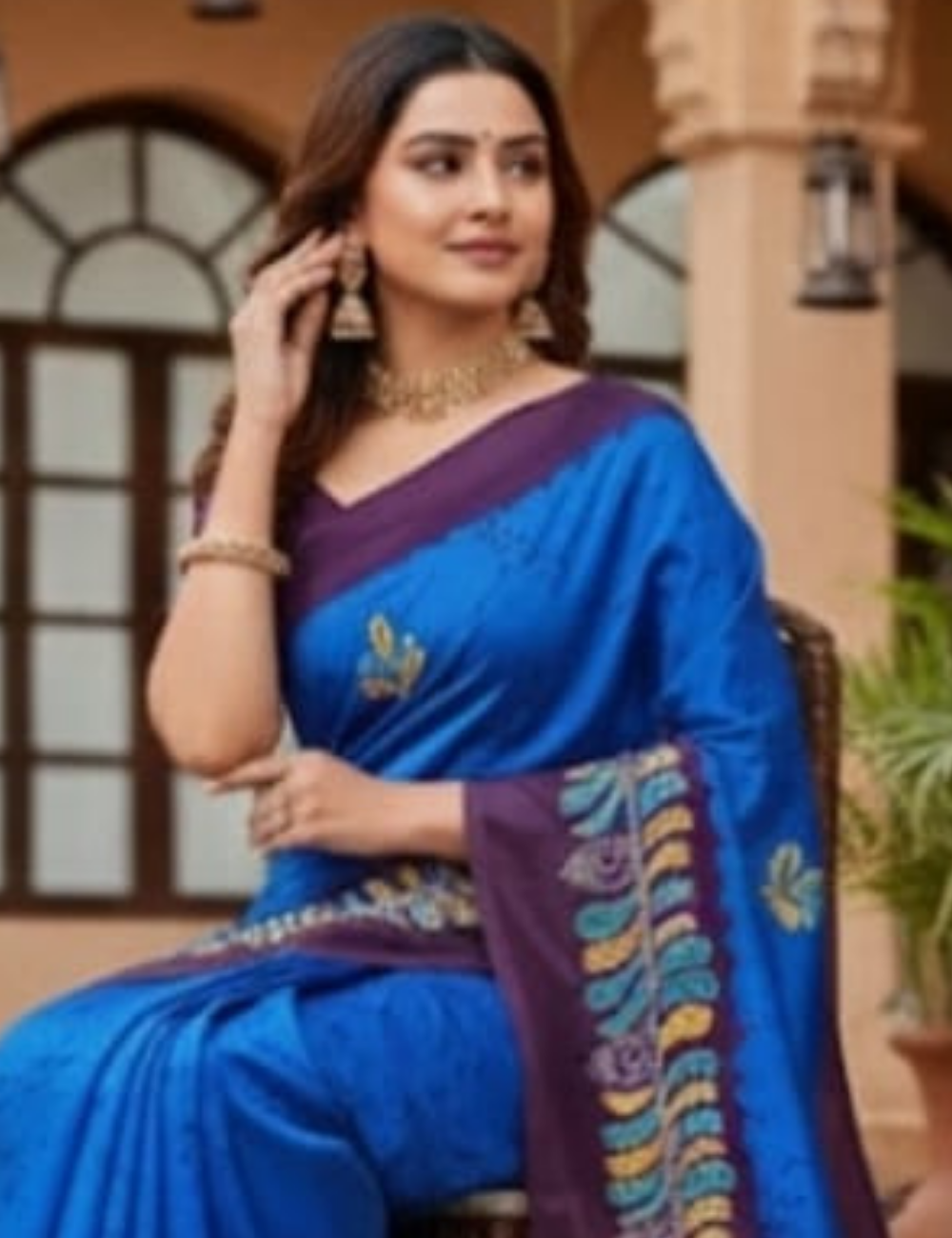 Royal Blue Saree with Artistic Purple Border Dola Silk Saree