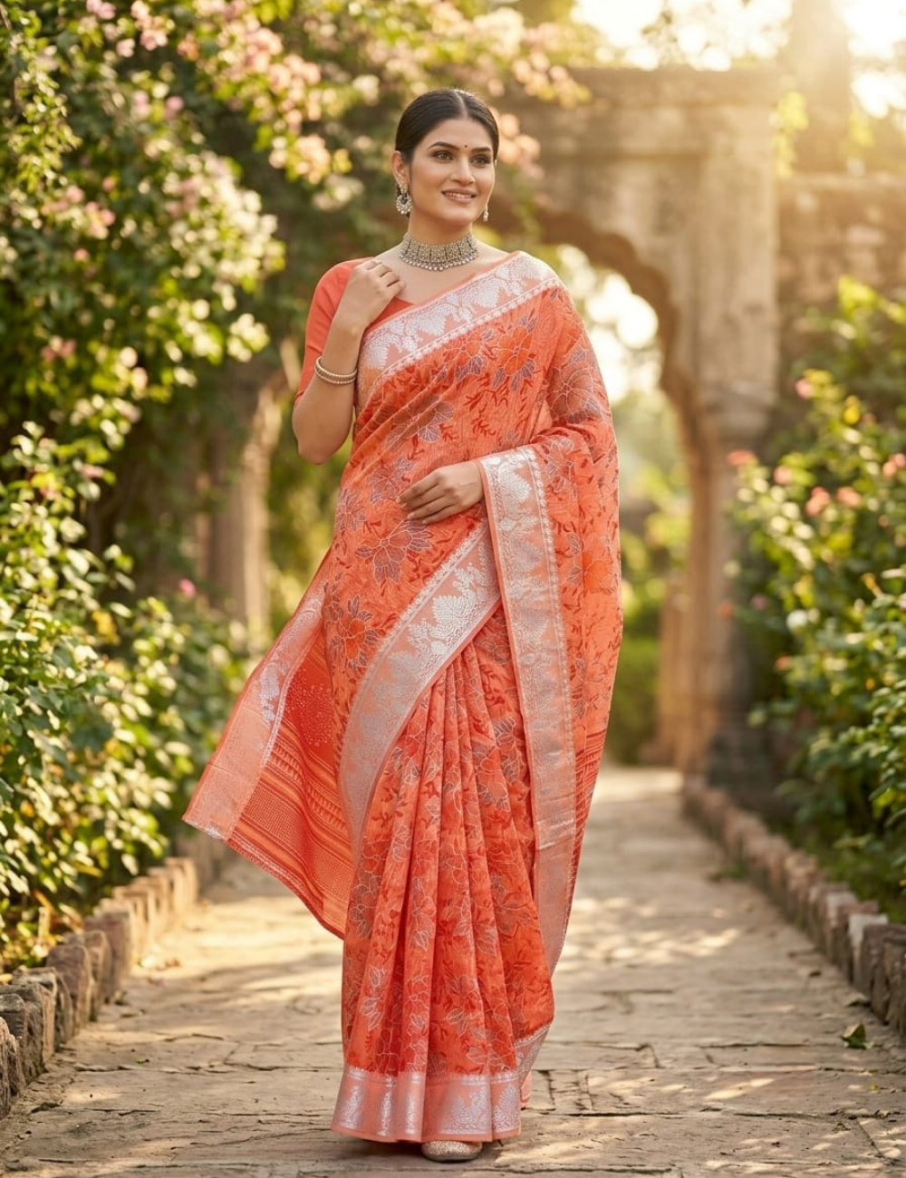 Peach and Orange Floral Print Cotton Saree