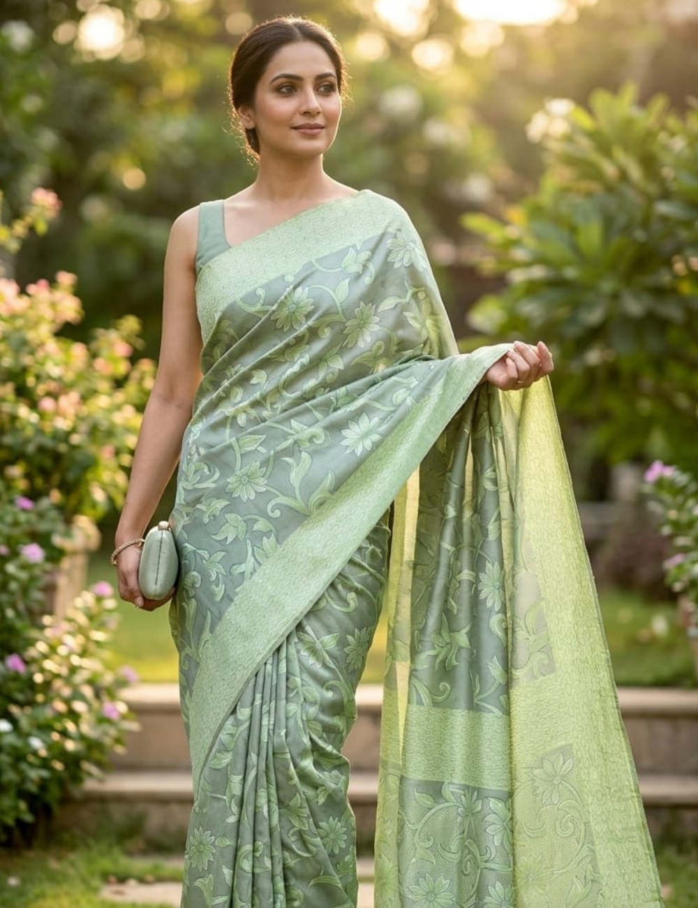 Elegant Mint Green Floral Digital Print Silk Saree