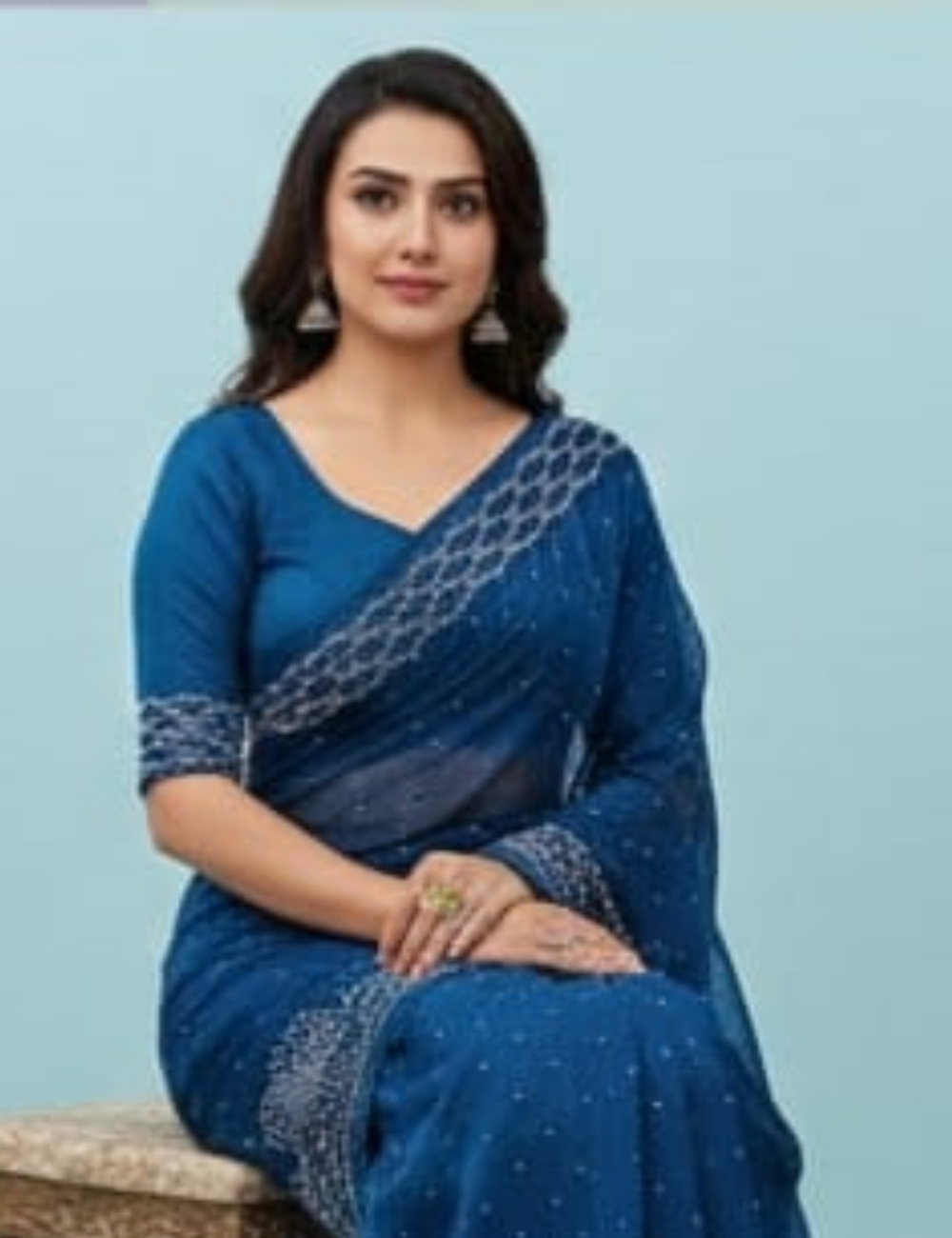 Elegant Teal Blue Saree with Delicate White Stonework Design