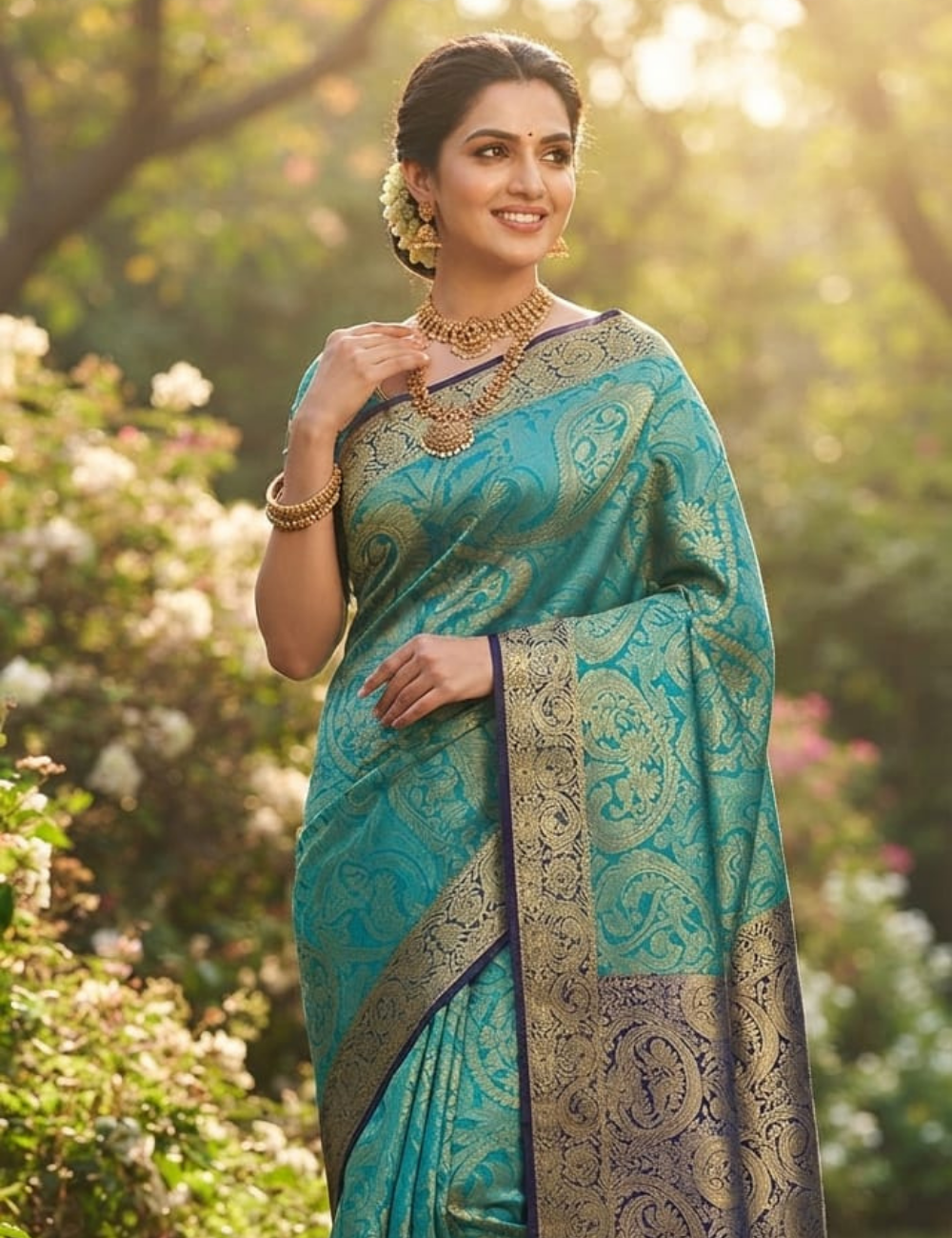 Sea Green and Blue Woven Paisley Brocade Sari