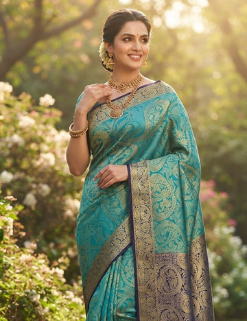 Sea Green and Blue Woven Paisley Brocade Sari