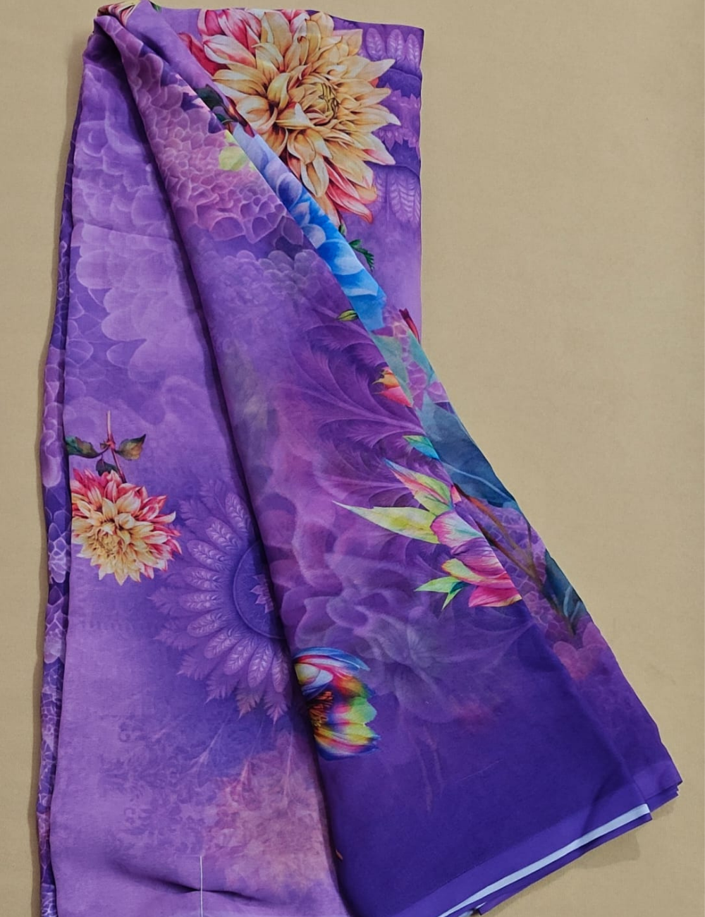 Royal Purple Dahlia Botanical Georgette Saree with Vivid Floral Blooms