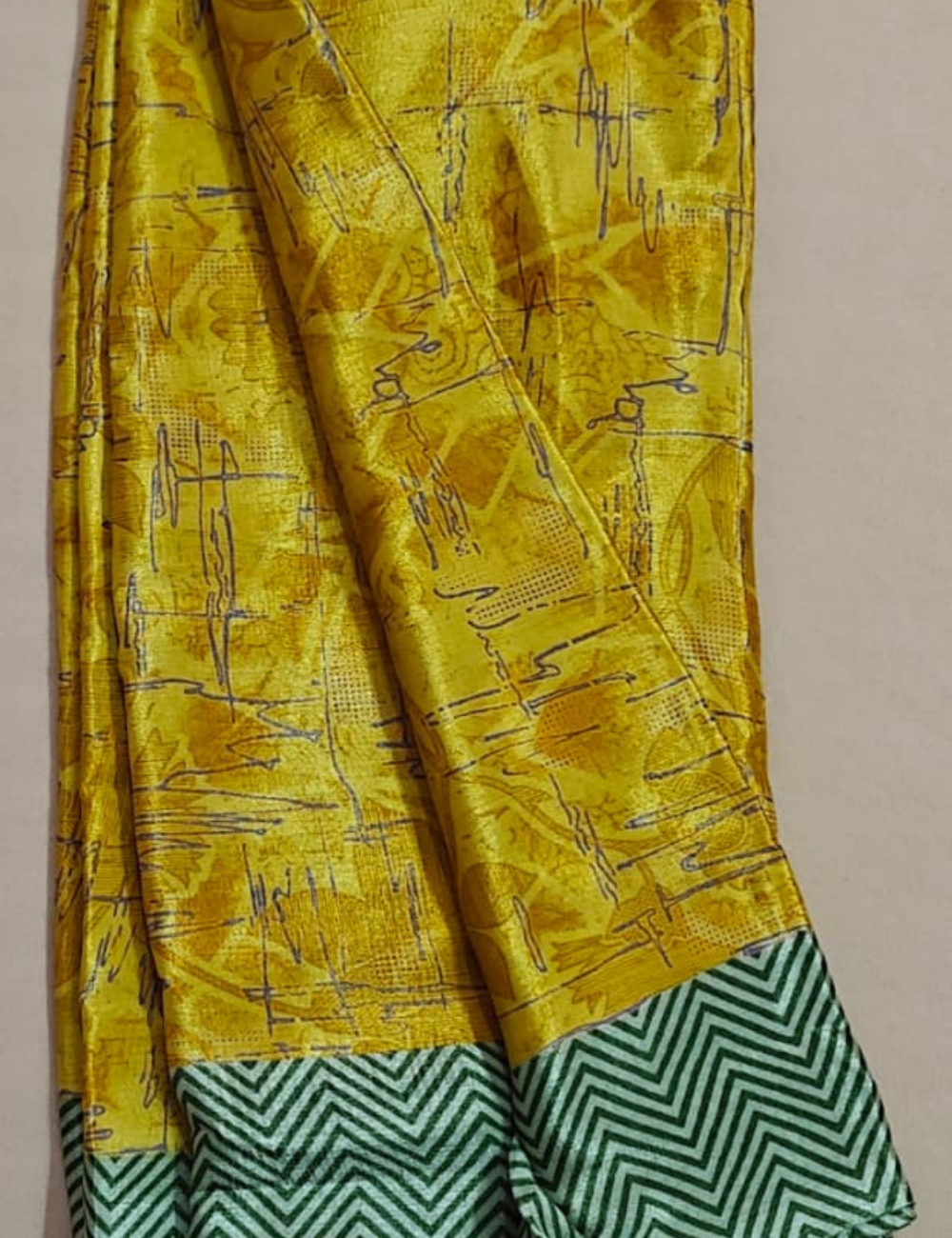 Mustard Yellow Abstract Silk Saree with Sage Green Chevron Border