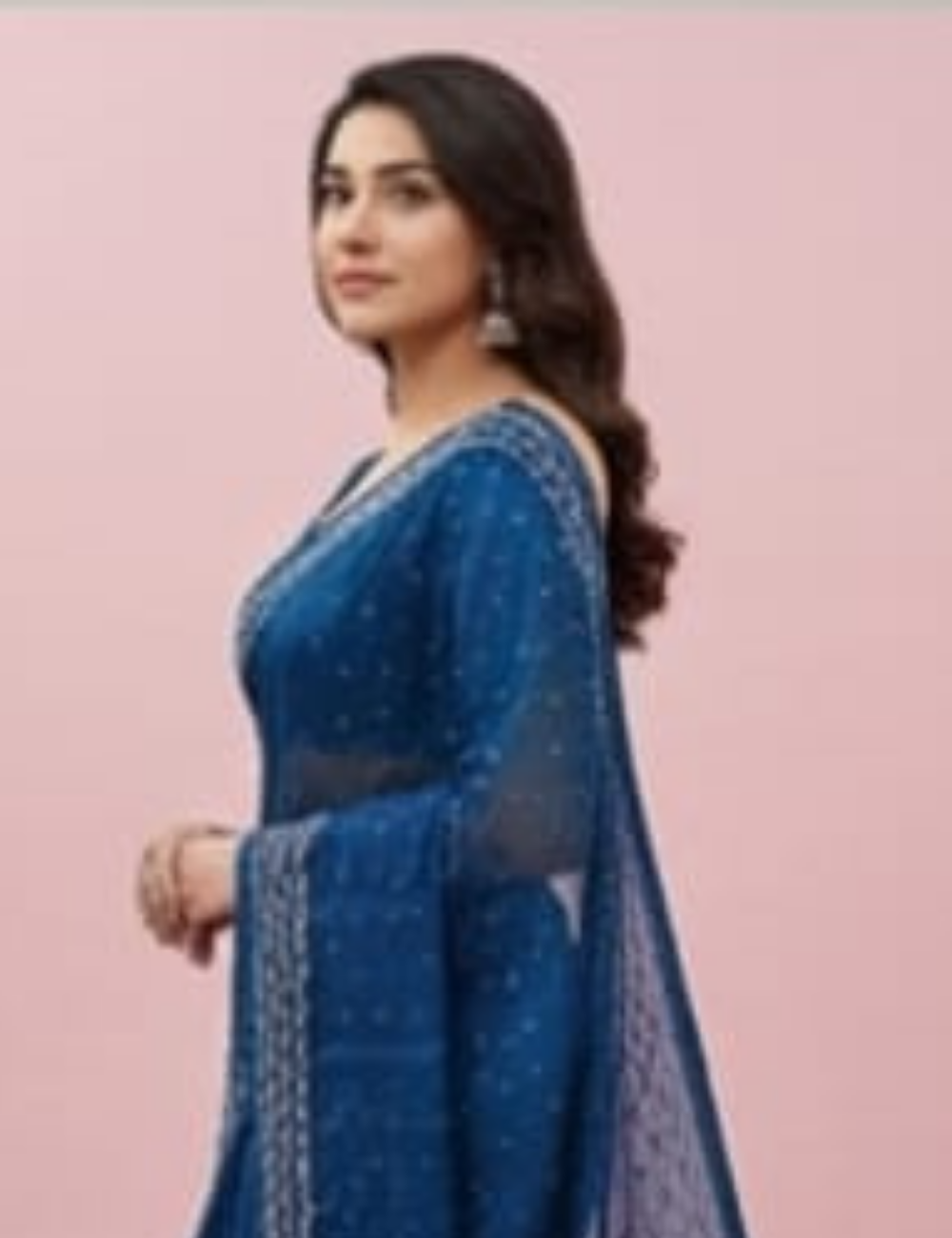 Elegant Teal Blue Saree with Delicate White Stonework Design