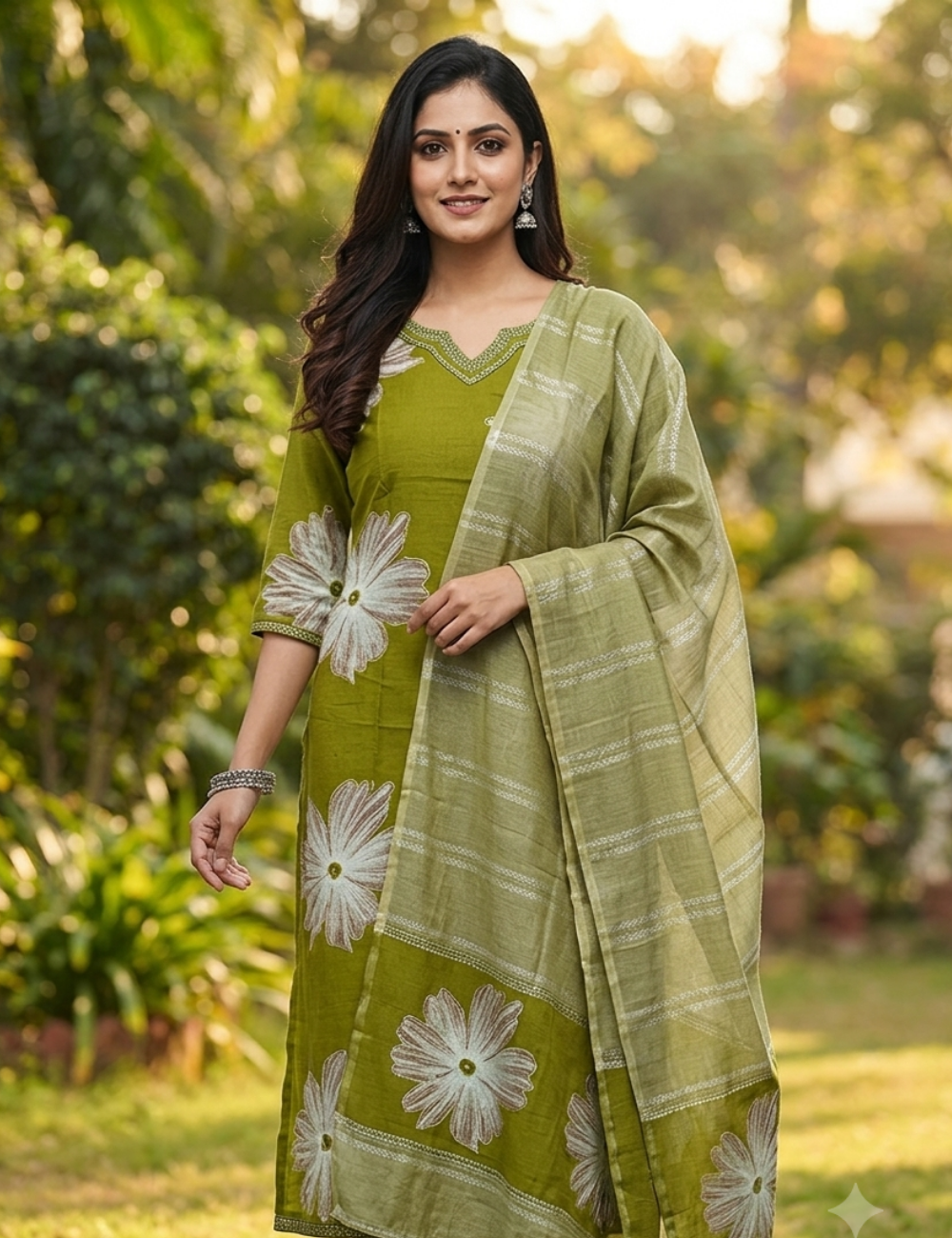 Olive Green Floral Printed Kurta Set with matching Dupatta