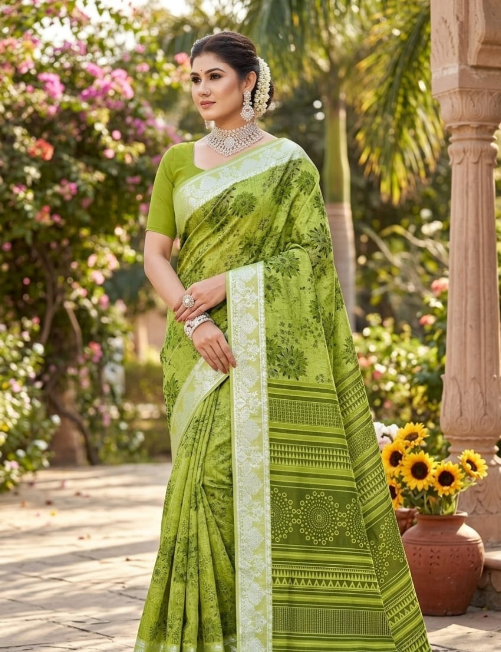 Vibrant Green Floral Print Cotton Saree with Silver Zari Border