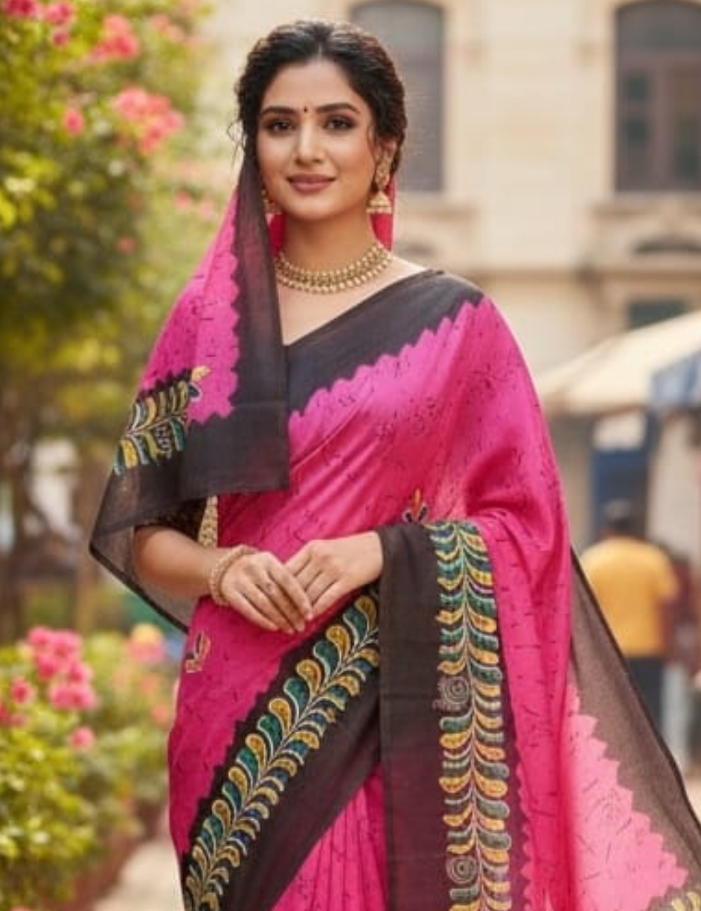 Pink & Charcoal Hand-Painted Dola Silk Saree