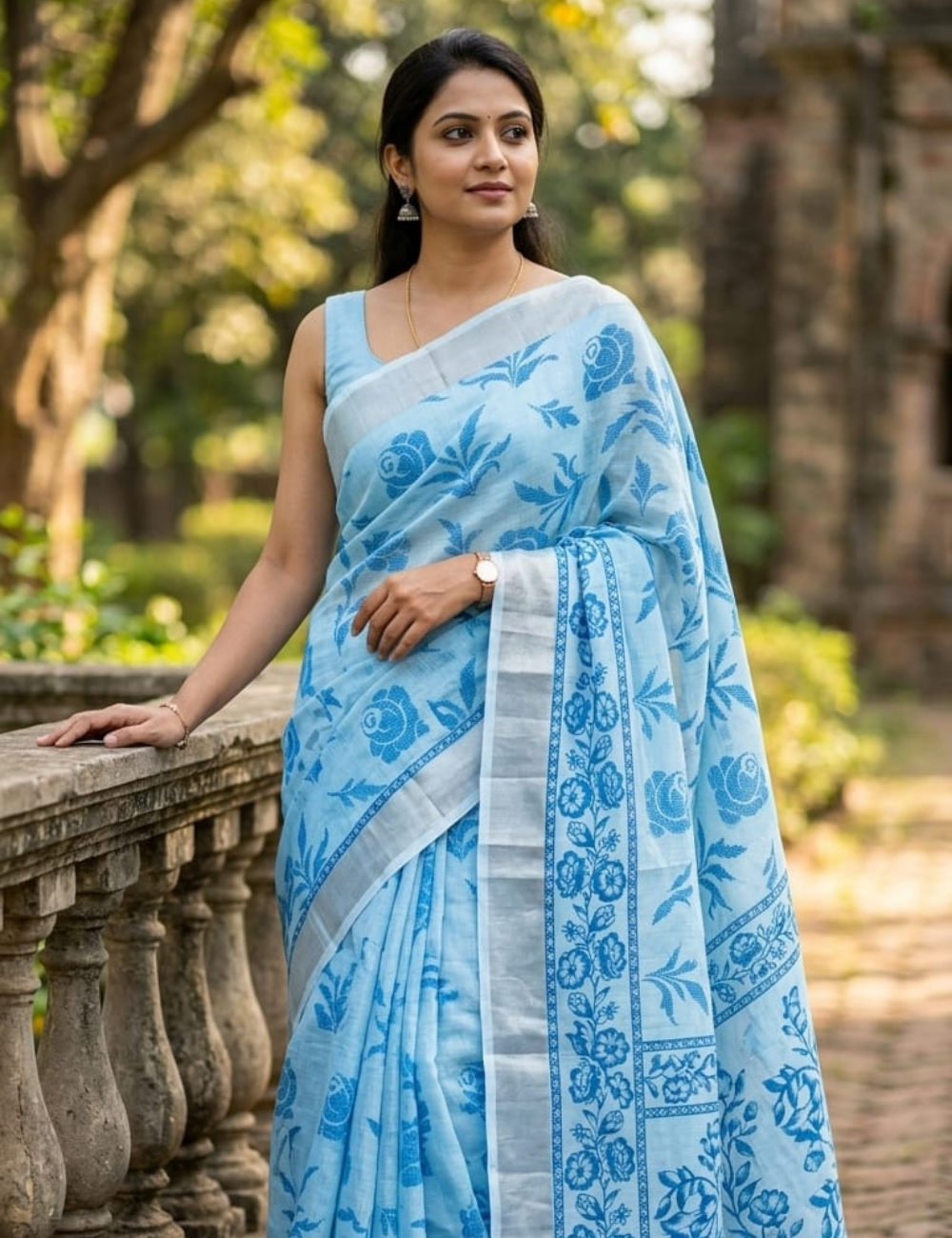 Ice Blue Rose Weave Cotton Saree