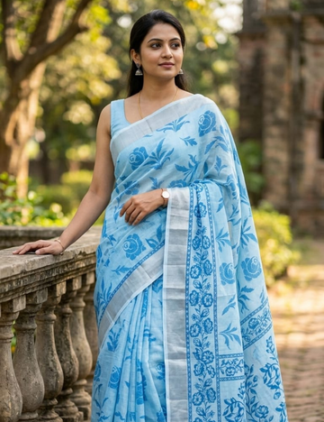 Ice Blue Rose Weave Cotton Saree