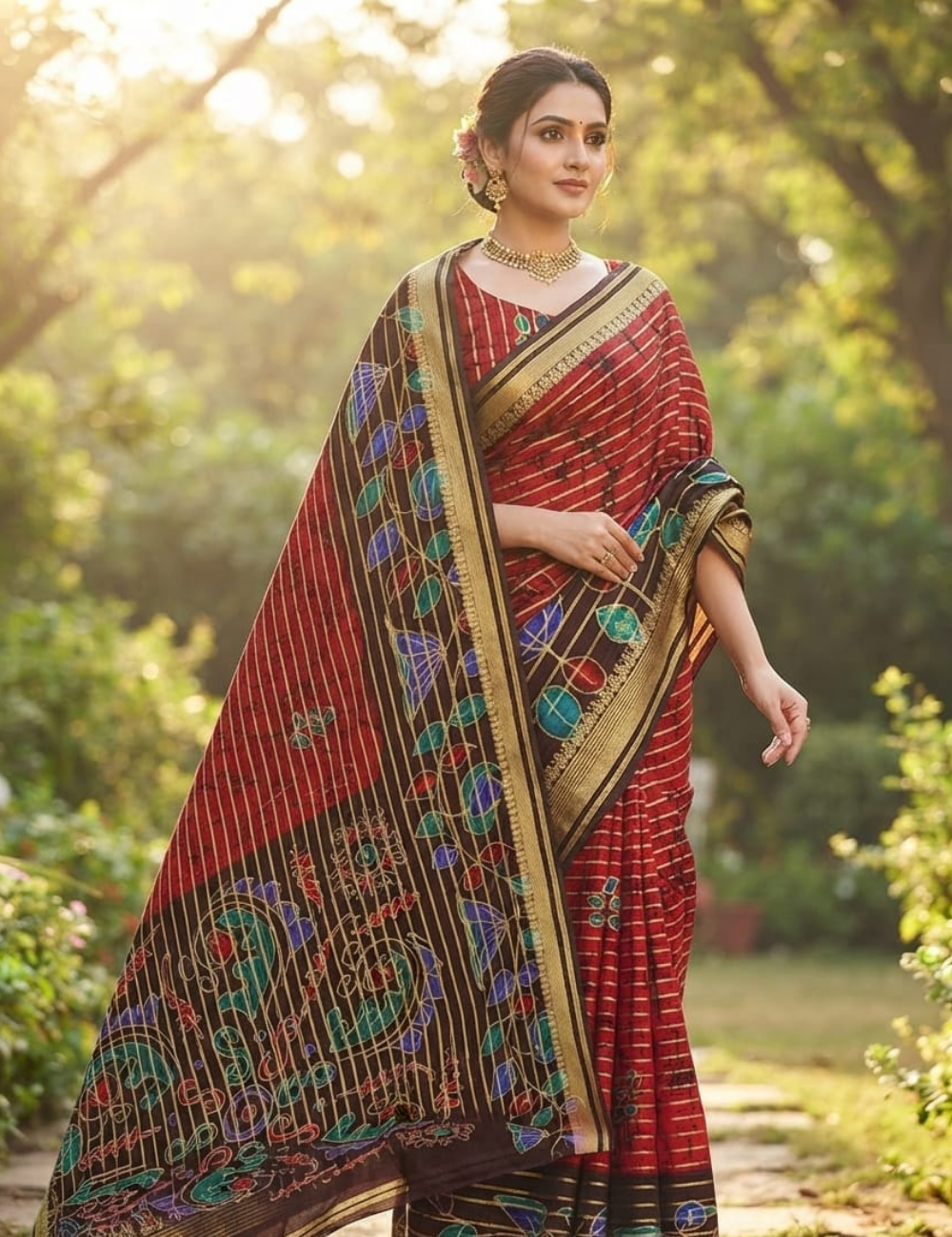 Red and Dark Brown Abstract Leaf Print Soft Silk Sari
