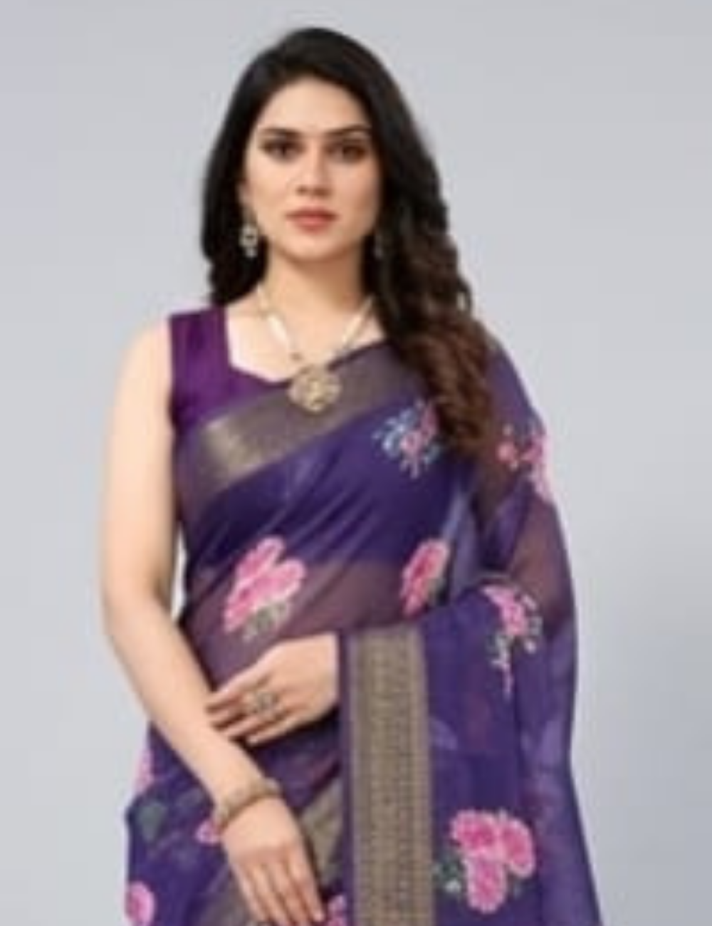 Elegant Navy Blue Floral Digital Printed Saree