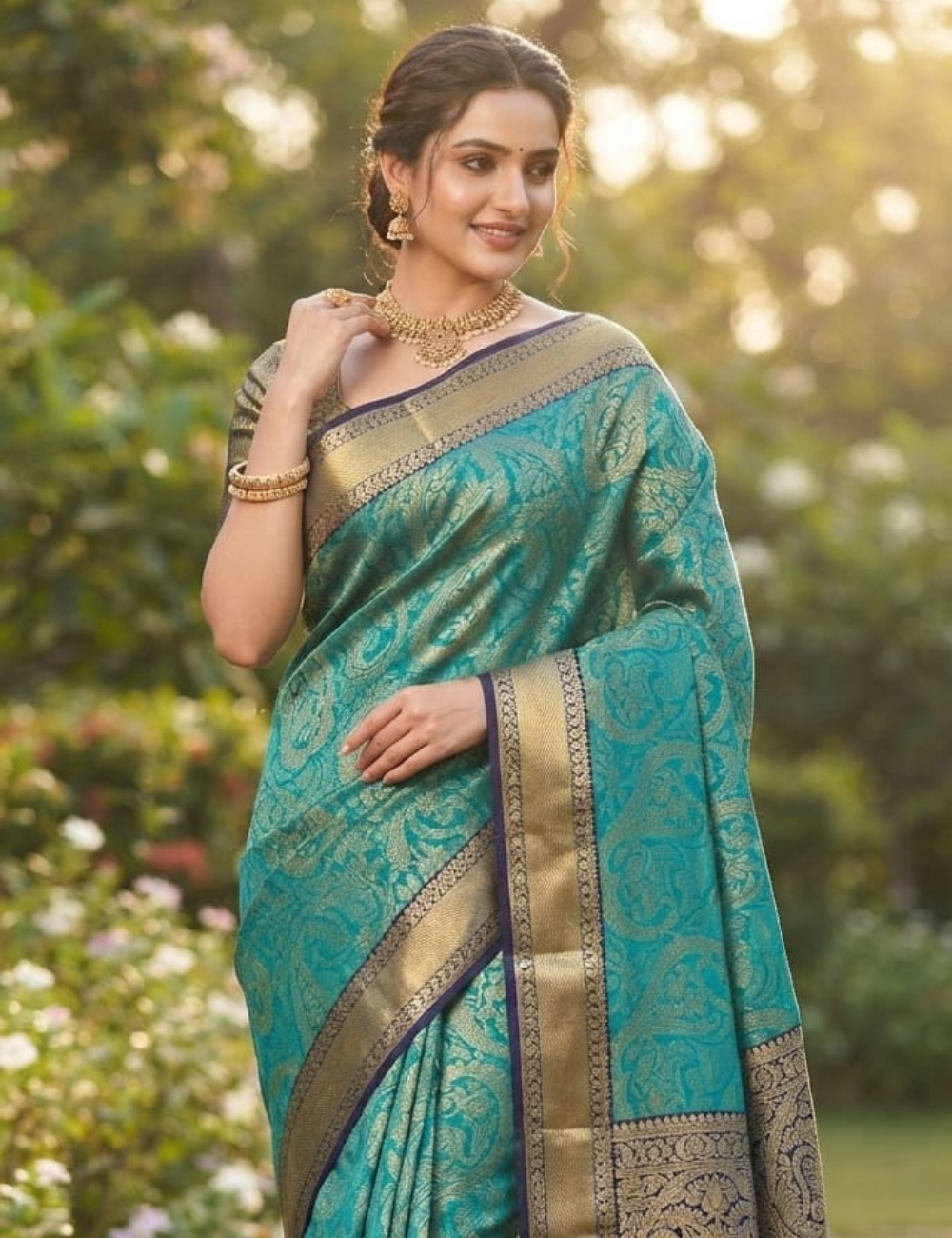 Sea Green and Blue Woven Paisley Brocade Sari