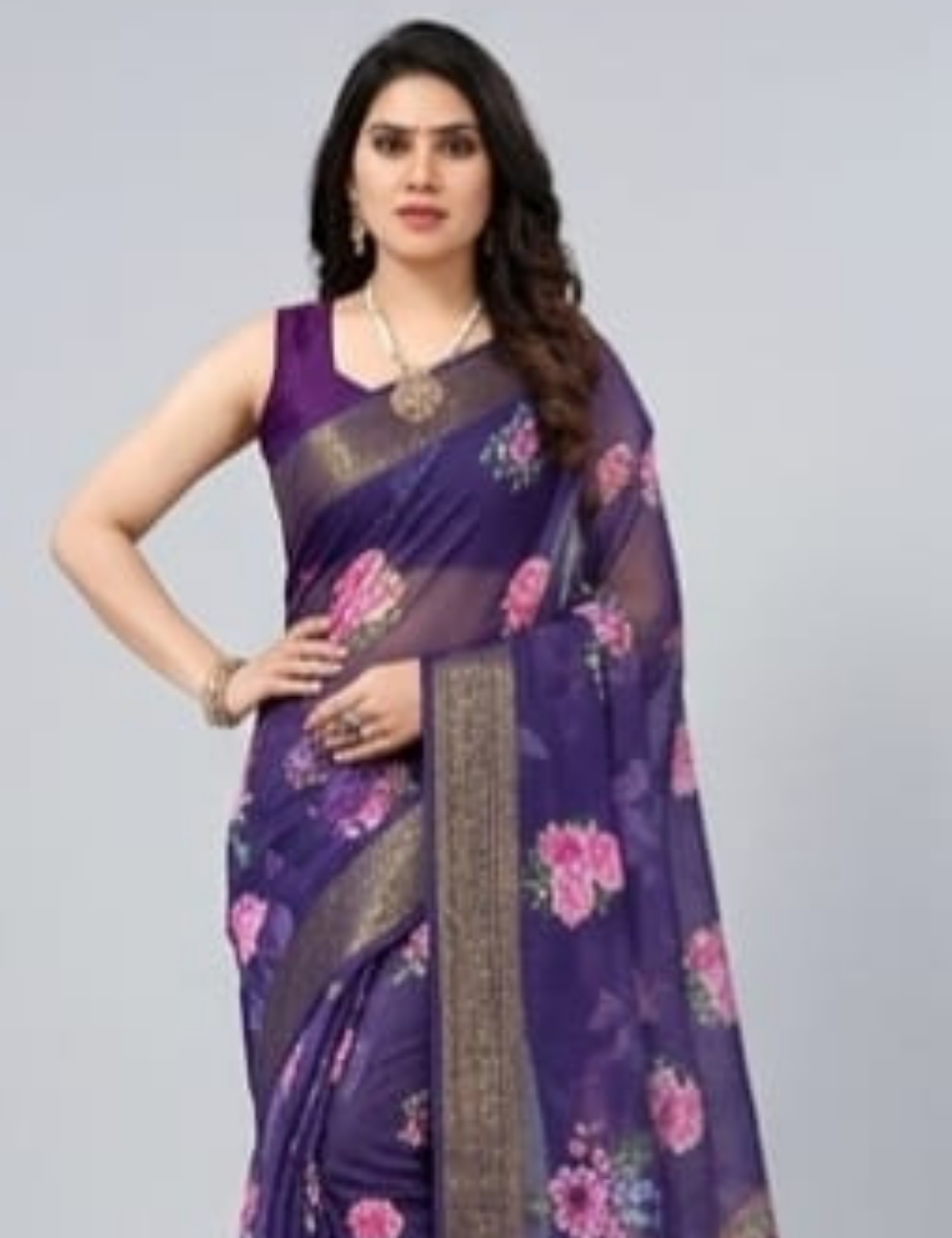 Elegant Navy Blue Floral Digital Printed Saree