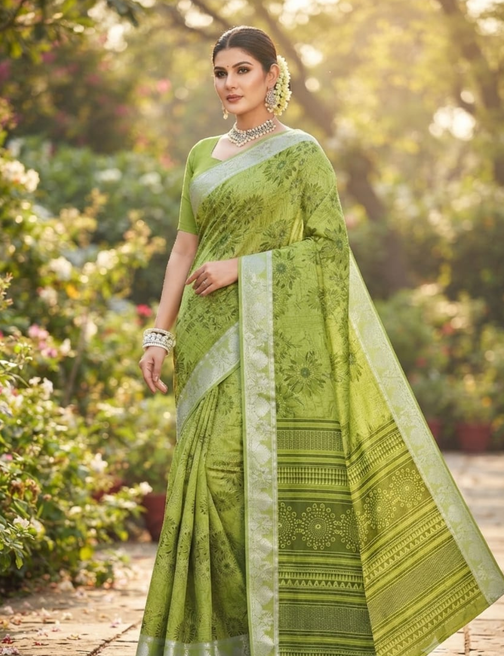 Vibrant Green Floral Print Cotton Saree with Silver Zari Border