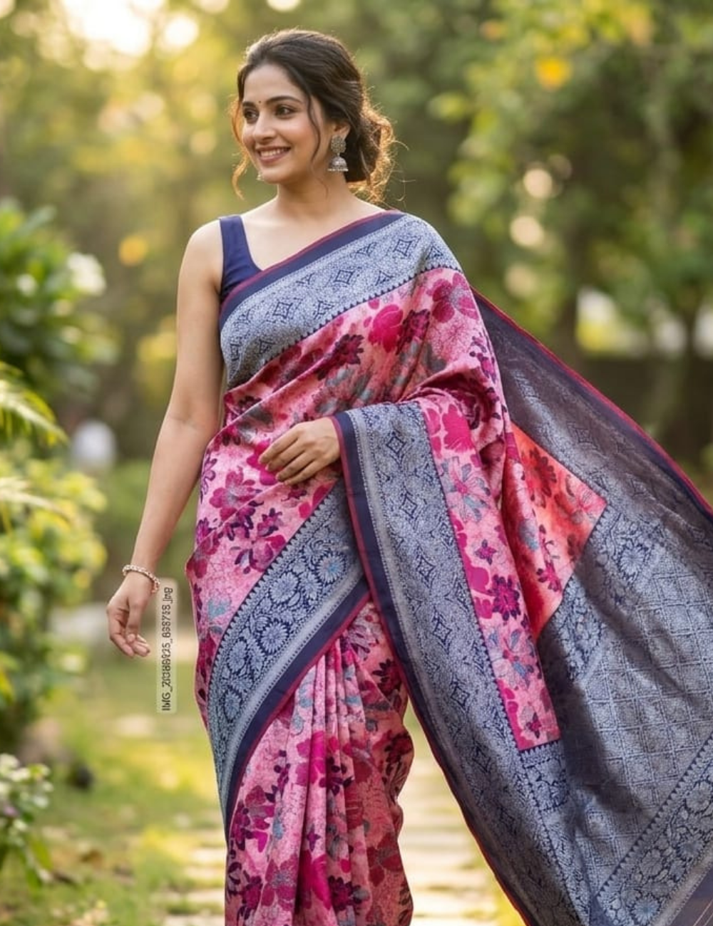 Elegant Pink Floral Soft Silk Saree with Rich Navy Border