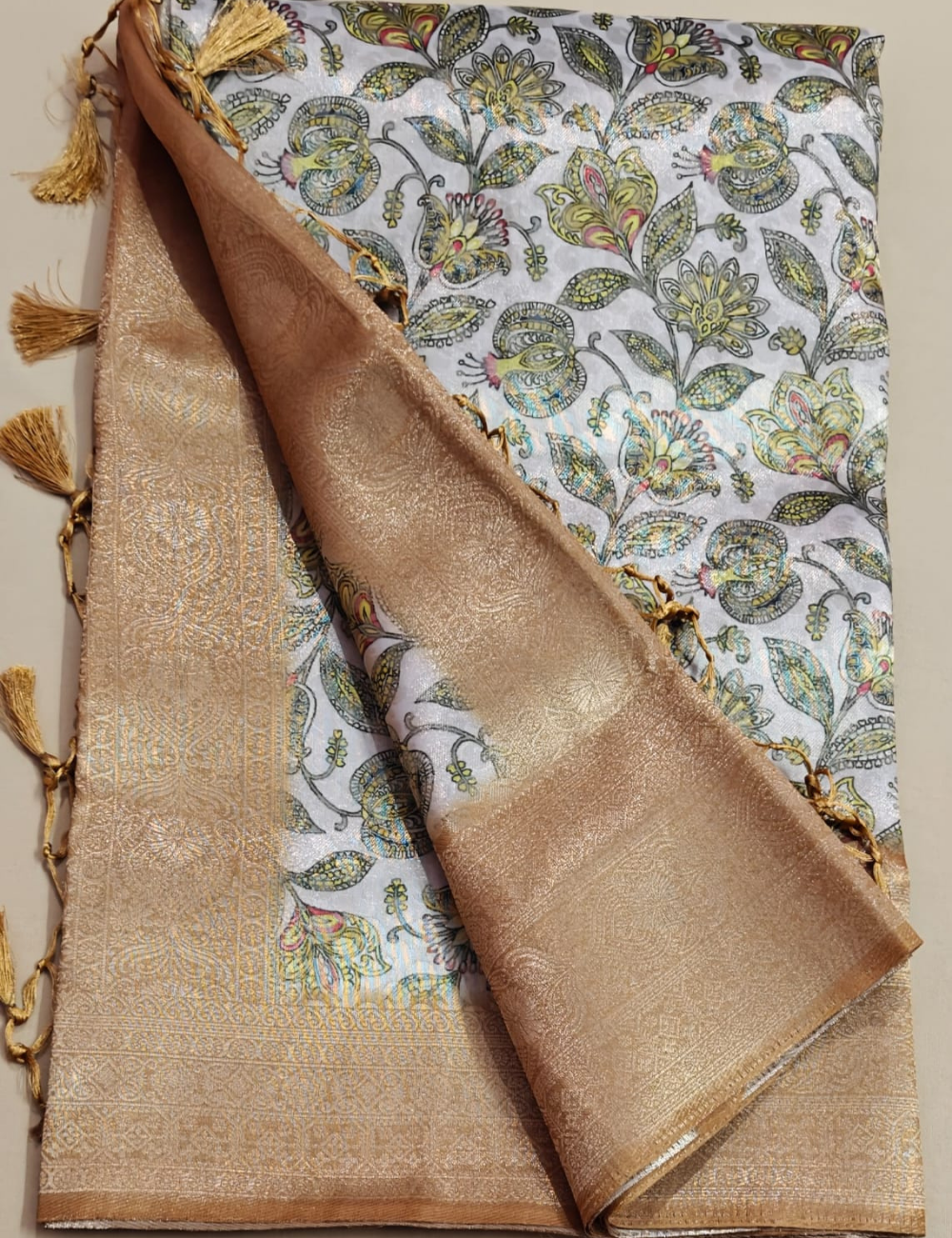 Golden Bloom Floral Tissue Silk Saree