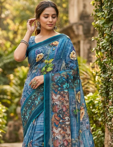 Elegant Grey Floral Digital Print Saree with Traditional Pichwai Border and Blouse